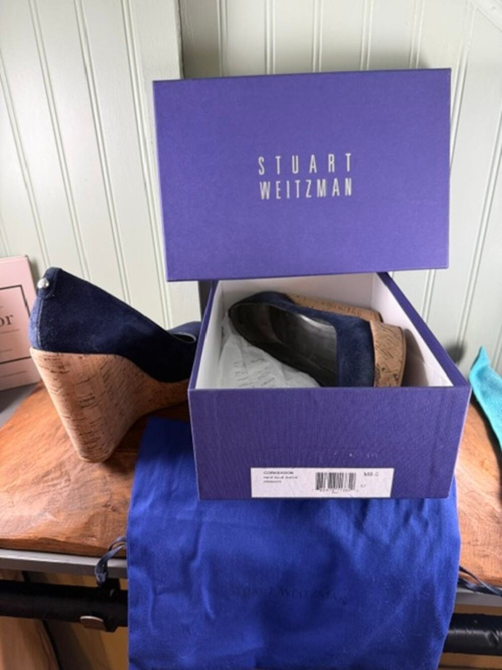Stuart Weitzman Corkswoon Navy Suede Cork Platform Wedge Pumps Heels Size 8 M